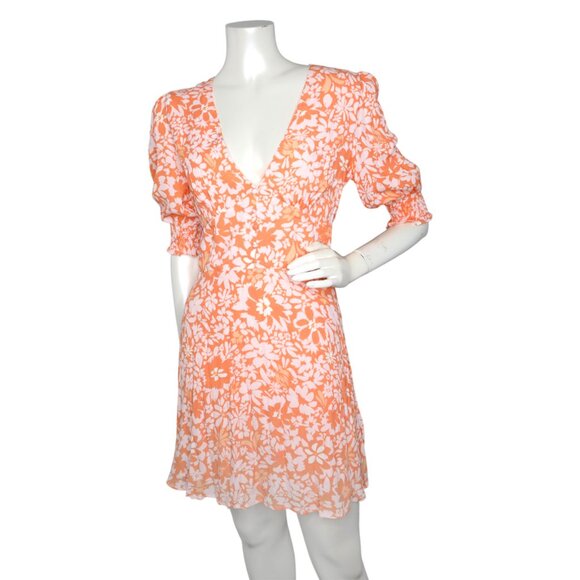 MINKPINK Marli Floral Mini Dress Orange Pink V-Neck Puff Sleeve Keyhole Back - Picture 2 of 16